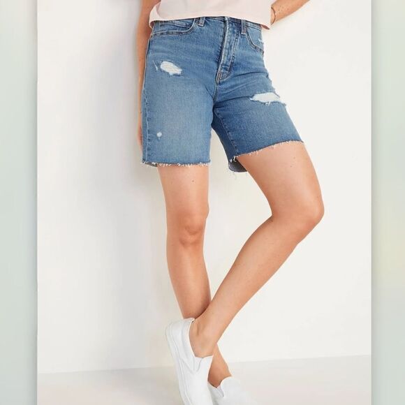 Old Navy Pants - Old Navy Extra High Waisted Straight Button Fly Cut-Off Ripped Jean Shorts